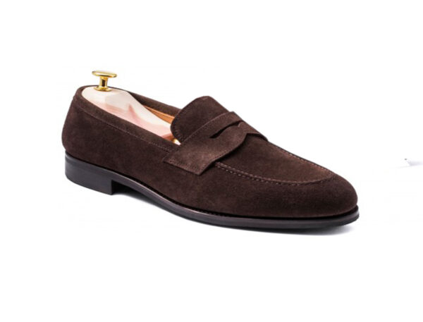 Wolven Handmad Men's Polo Brown Suede Leather Loafers with Black Rubber Sole