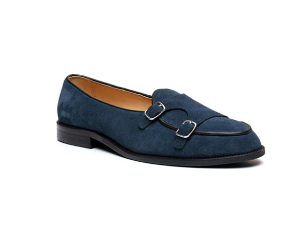 Wolven Handmade Men's Herrin Blue Real Suede Leather Slip-on Monk Loafers with Rubber Sole