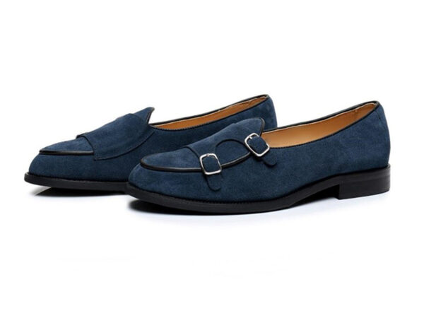 Wolven Handmade Men's Herrin Blue Real Suede Leather Slip-on Monk Loafers with Rubber Sole - Image 2