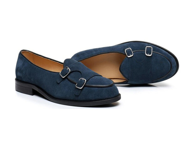 Wolven Handmade Men's Herrin Blue Real Suede Leather Slip-on Monk Loafers with Rubber Sole - Image 3