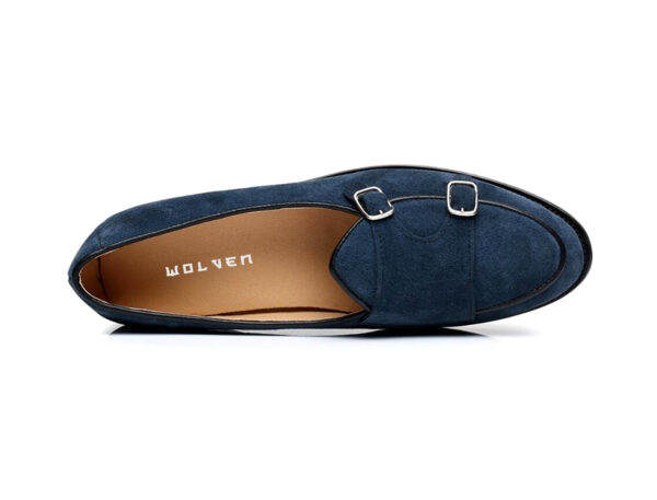 Wolven Handmade Men's Herrin Blue Real Suede Leather Slip-on Monk Loafers with Rubber Sole - Image 4