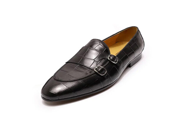 Wolven Handmade Men's Croco Black Real Calf Leather Slip-on Monk Loafers with Rubber Sole
