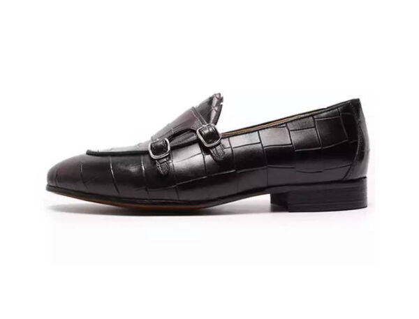 Wolven Handmade Men's Croco Black Real Calf Leather Slip-on Monk Loafers with Rubber Sole - Image 4