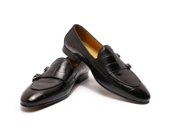 Wolven Handmade Men's Croco Black Real Calf Leather Slip-on Monk Loafers with Rubber Sole - Image 3