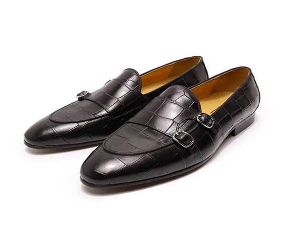 Wolven Handmade Men's Croco Black Real Calf Leather Slip-on Monk Loafers with Rubber Sole - Image 2