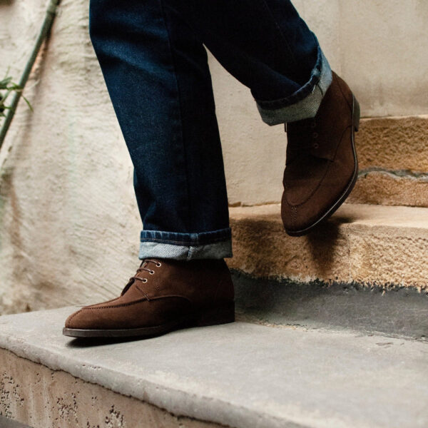 Wolven Handcrafted Men's Romeo Brown Suede Leather Derby Lace-up Boot with rubber sole - Image 6