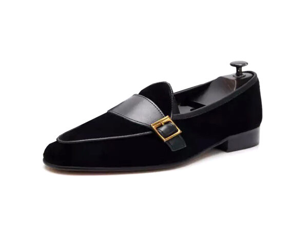 Wolven Handmade Men's Herrin Black Real Suede Leather Slip-on Monk Loafers with Rubber Sole