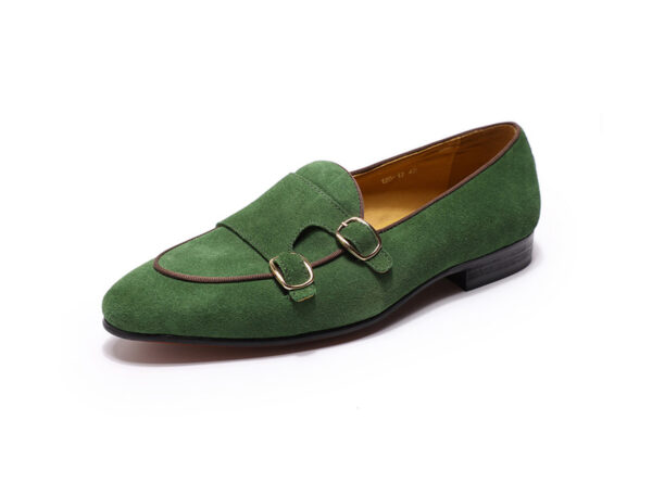 Wolven Handmade Men's Green Real Suede Leather Slip-on Monk Loafers with Rubber Sole