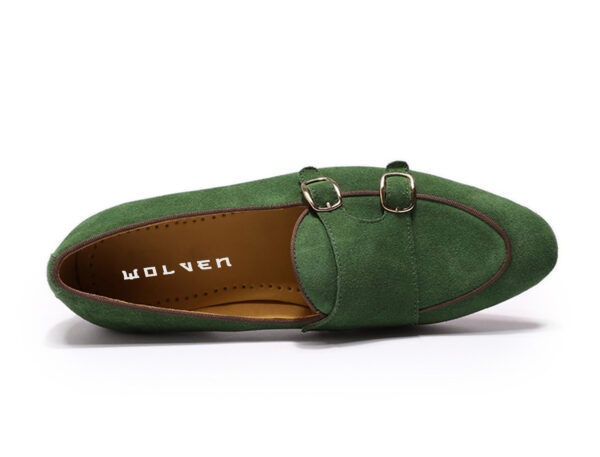 Wolven Handmade Men's Green Real Suede Leather Slip-on Monk Loafers with Rubber Sole - Image 3