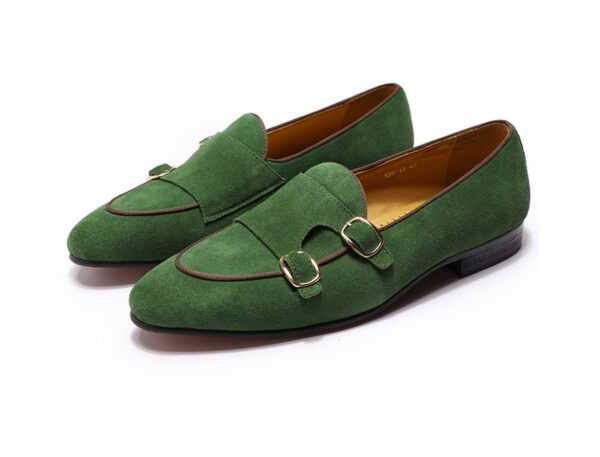 Wolven Handmade Men's Green Real Suede Leather Slip-on Monk Loafers with Rubber Sole - Image 4