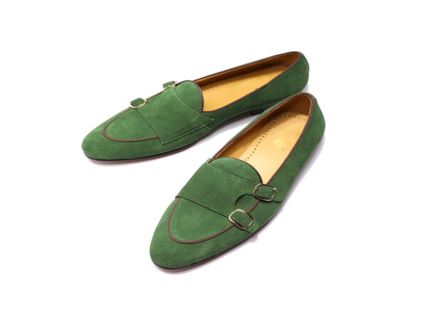 Wolven Handmade Men's Green Real Suede Leather Slip-on Monk Loafers with Rubber Sole - Image 5