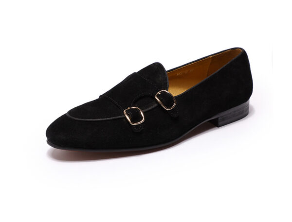 Wolven Handmade Men's Black Real Suede Leather Slip-on Monk Loafers with Rubber Sole