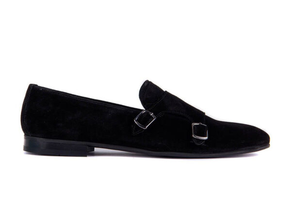 Wolven Handmade Men's Batwing Black Real Suede Leather Slip-on Monk Loafers with Rubber Sole - Image 2