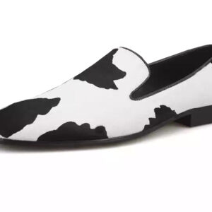Wolven Handmade Men's Black & White Real Calf Printed Leather Smart Loafers with Rubber Sole