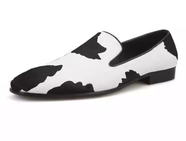 Wolven Handmade Men's Black & White Real Calf Printed Leather Smart Loafers with Rubber Sole