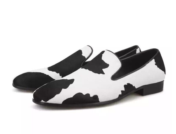 Wolven Handmade Men's Black & White Real Calf Printed Leather Smart Loafers with Rubber Sole - Image 2