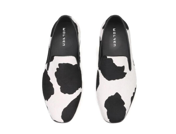 Wolven Handmade Men's Black & White Real Calf Printed Leather Smart Loafers with Rubber Sole - Image 3