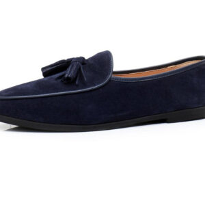 Wolven Handmade Men's Blue Real Calf Suede Leather Tassel Smart Loafers with Rubber Sole