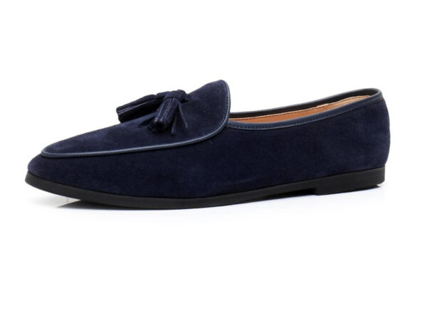 Wolven Handmade Men's Blue Real Calf Suede Leather Tassel Smart Loafers with Rubber Sole