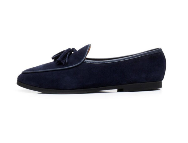 Wolven Handmade Men's Blue Real Calf Suede Leather Tassel Smart Loafers with Rubber Sole - Image 2