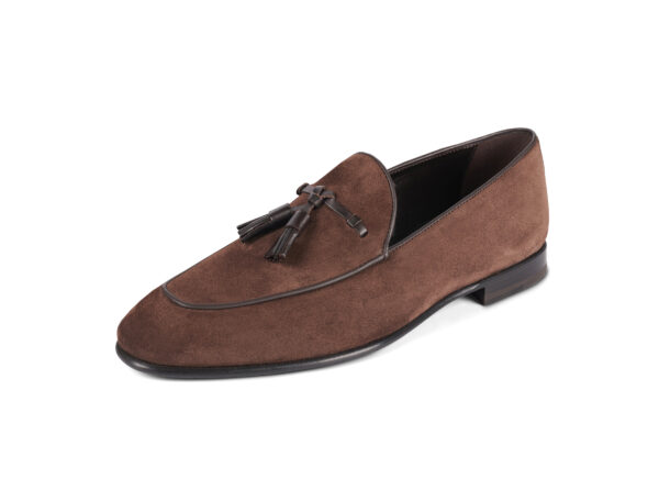 Wolven Handmade Men's Vins Brown Real Suede Leather Slip-on Smart Loafers with Black Sheet Sole