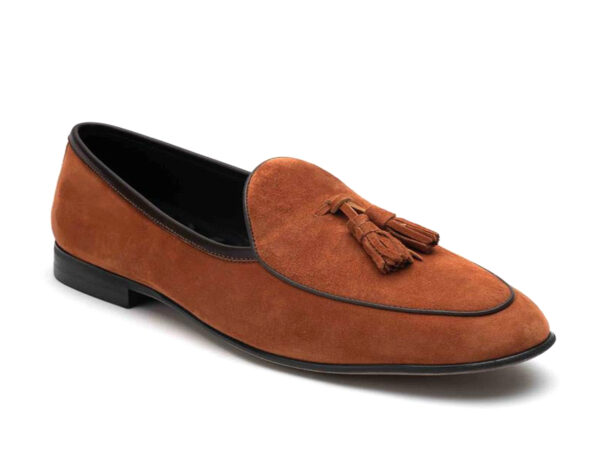 Wolven Handcrafted Men's Bombay Brown Real Calf Suede Leather Tassel Slipon Shoes with Black Handmade Rubber Sole