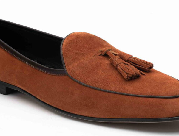 Wolven Handcrafted Men's Bombay Brown Real Calf Suede Leather Tassel Slipon Shoes with Black Handmade Rubber Sole - Image 3