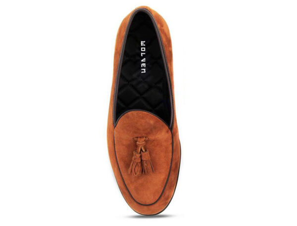 Wolven Handcrafted Men's Bombay Brown Real Calf Suede Leather Tassel Slipon Shoes with Black Handmade Rubber Sole - Image 4