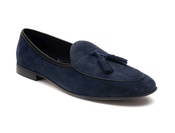 Wolven Handcrafted Men's Navy Real Calf Suede Leather Tassel Slip-on Shoes with Black Handmade Rubber Sole (Copy)