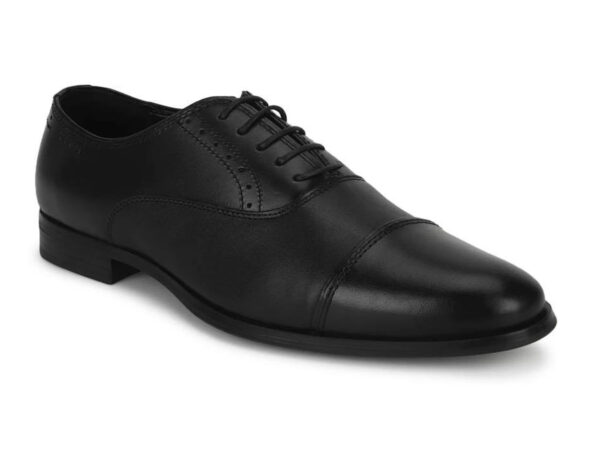 Wolven Handcrafted Men's Black Toe Cap Real Leather Formal Lace -up Shoes with Black Handmade Rubber Sole