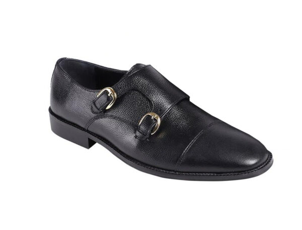 Wolven Handcrafted Men's Black Real Leather Monk Formal Shoes with Black Handmade Rubber Sole
