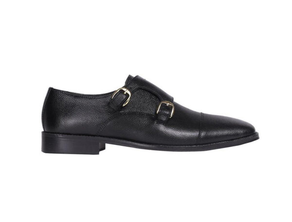 Wolven Handcrafted Men's Black Real Leather Monk Formal Shoes with Black Handmade Rubber Sole - Image 2
