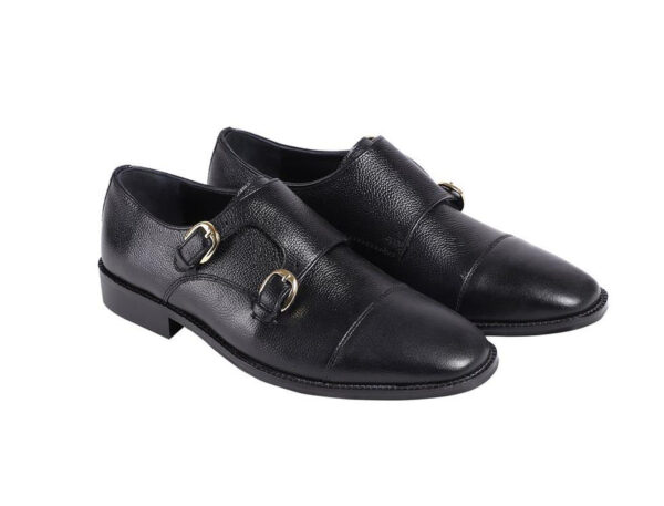 Wolven Handcrafted Men's Black Real Leather Monk Formal Shoes with Black Handmade Rubber Sole - Image 3