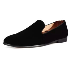 Wolven Handcrafted Men's Real Black Suede Leather Loafers with Handmade Rubber Black Sole