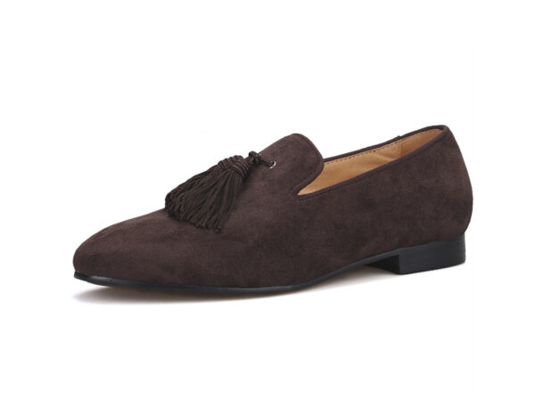 Wolven Handcrafted Men's Real Brown Suede Leather Tassel Loafers with Handmade Rubber Black Sole