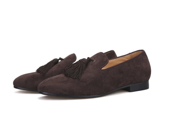 Wolven Handcrafted Men's Real Brown Suede Leather Tassel Loafers with Handmade Rubber Black Sole - Image 2