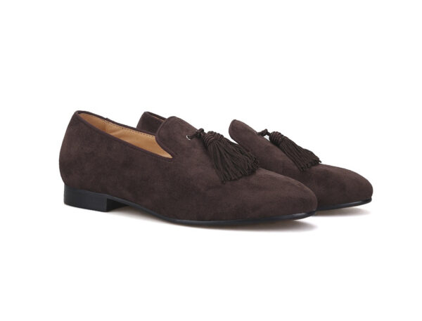 Wolven Handcrafted Men's Real Brown Suede Leather Tassel Loafers with Handmade Rubber Black Sole - Image 4