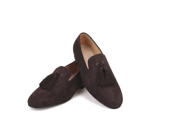 Wolven Handcrafted Men's Real Brown Suede Leather Tassel Loafers with Handmade Rubber Black Sole - Image 5