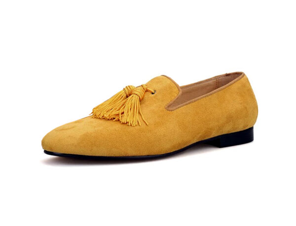 Wolven Handcrafted Men's Buns Real Yellow Suede Leather Tassel Loafers with Handmade Rubber Black Sole