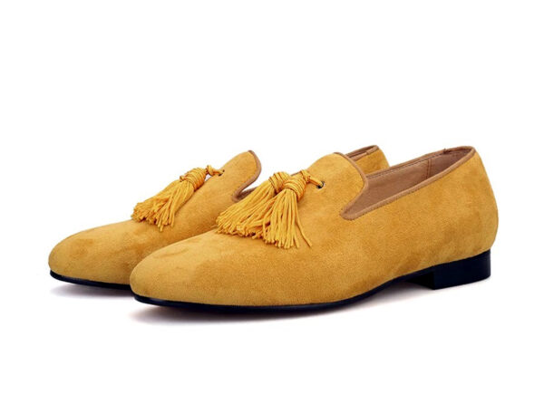Wolven Handcrafted Men's Buns Real Yellow Suede Leather Tassel Loafers with Handmade Rubber Black Sole - Image 2