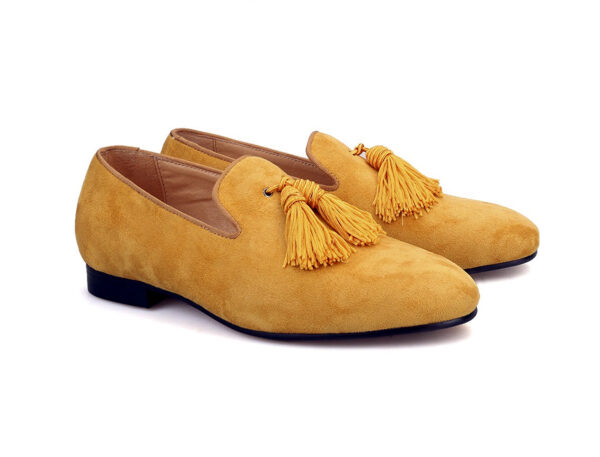 Wolven Handcrafted Men's Buns Real Yellow Suede Leather Tassel Loafers with Handmade Rubber Black Sole - Image 4