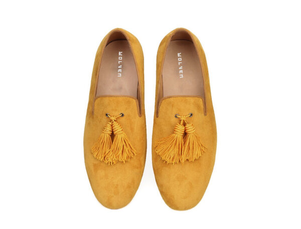 Wolven Handcrafted Men's Buns Real Yellow Suede Leather Tassel Loafers with Handmade Rubber Black Sole - Image 5