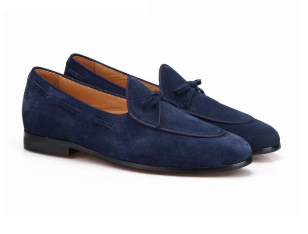 Wolven Handcrafted Men's Real Navy Suede Leather Tassel Loafers with Handmade Rubber Black Sole - Image 3