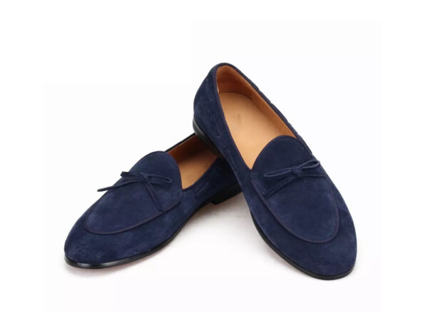 Wolven Handcrafted Men's Real Navy Suede Leather Tassel Loafers with Handmade Rubber Black Sole - Image 4