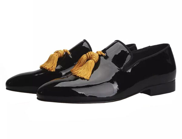 Wolven Handcrafted Men's Real Black Calf Patent Leather Tassel Loafers with Handmade Rubber Black Sole (Copy) - Image 2
