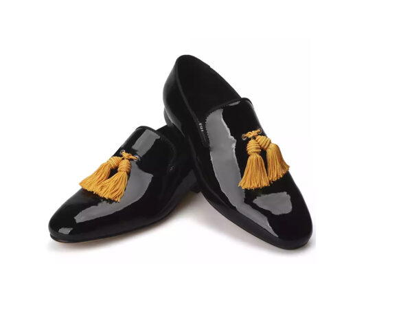 Wolven Handcrafted Men's Real Black Calf Patent Leather Tassel Loafers with Handmade Rubber Black Sole (Copy) - Image 5