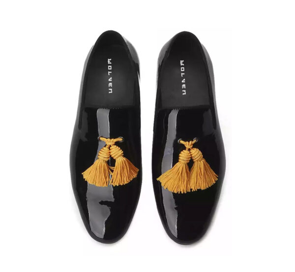 Wolven Handcrafted Men's Real Black Calf Patent Leather Tassel Loafers with Handmade Rubber Black Sole (Copy) - Image 4