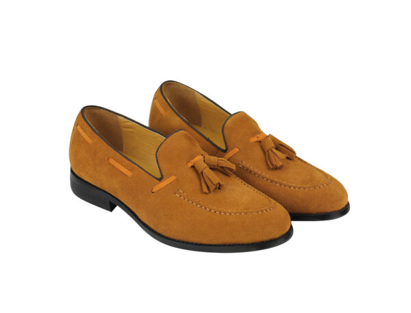 Wolven Handmad Men's Vano Mustard Suede Leather Tassel Loafers with Black Rubber Sole - Image 3