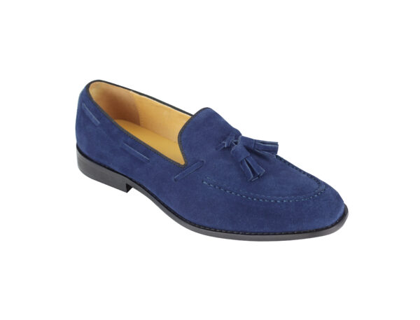 Wolven Handmad Men's Pop Navy Suede Leather Tassel Loafers with Black Rubber Sole