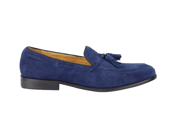 Wolven Handmad Men's Pop Navy Suede Leather Tassel Loafers with Black Rubber Sole - Image 2